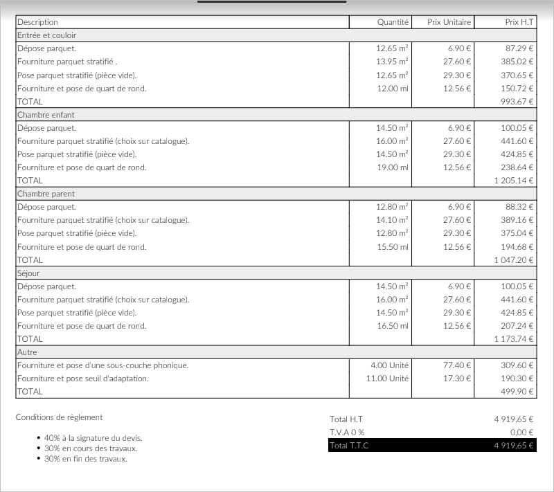 Exemple de devis revêtement de sol