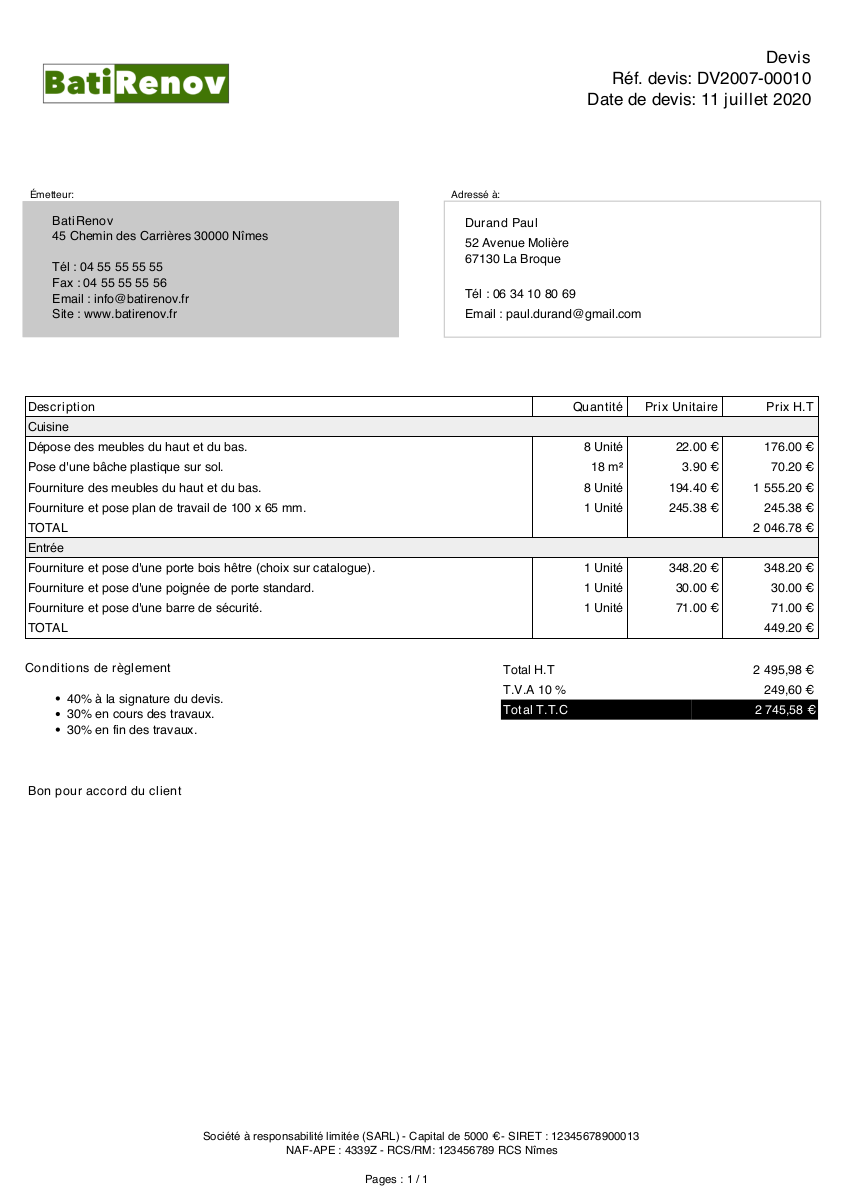 Exemple de devis de menuisier