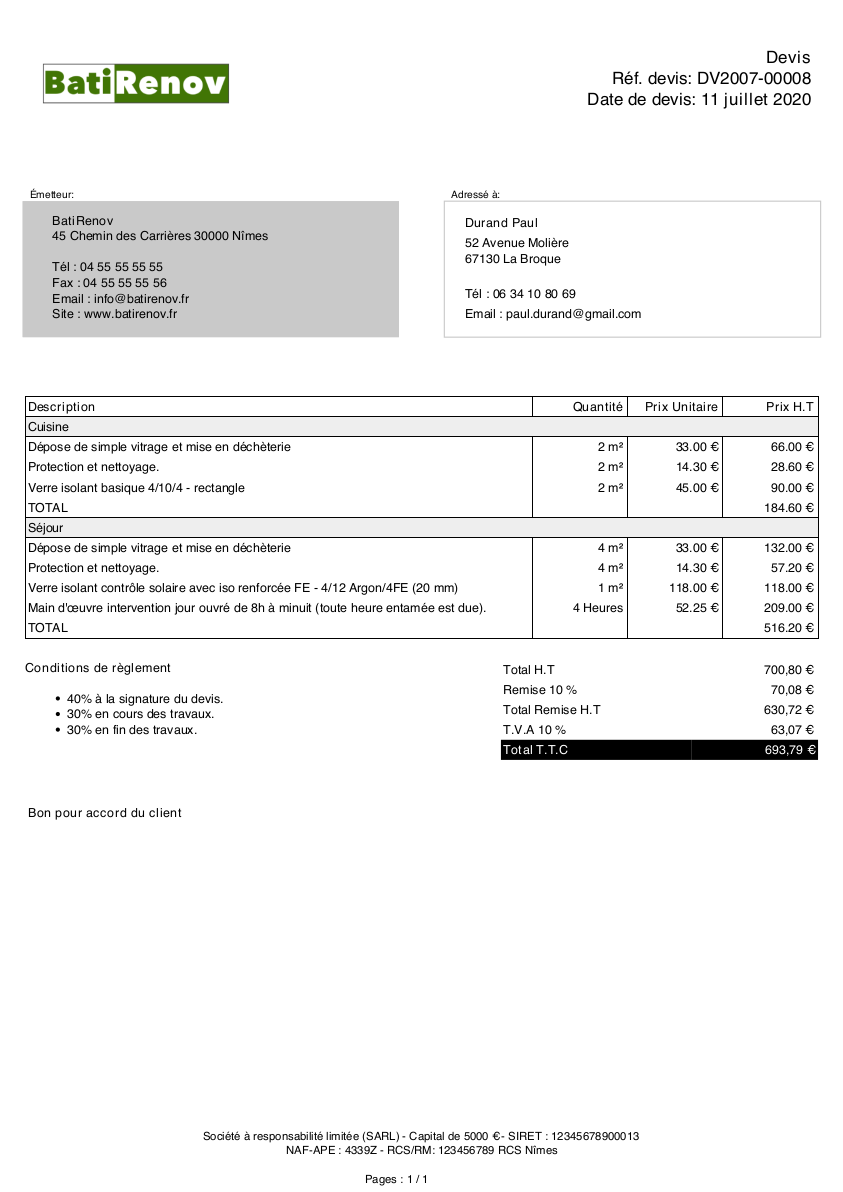 Exemple de devis de vitrerie