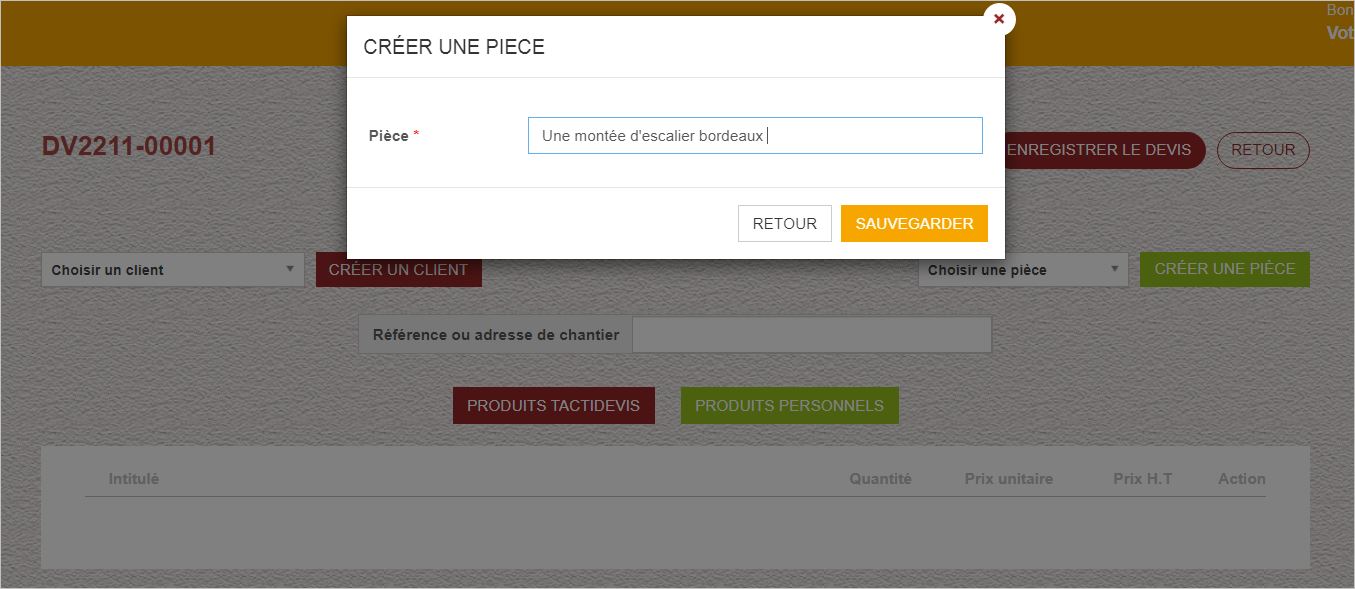Ajout d'une pièce dans le devis Tactidevis