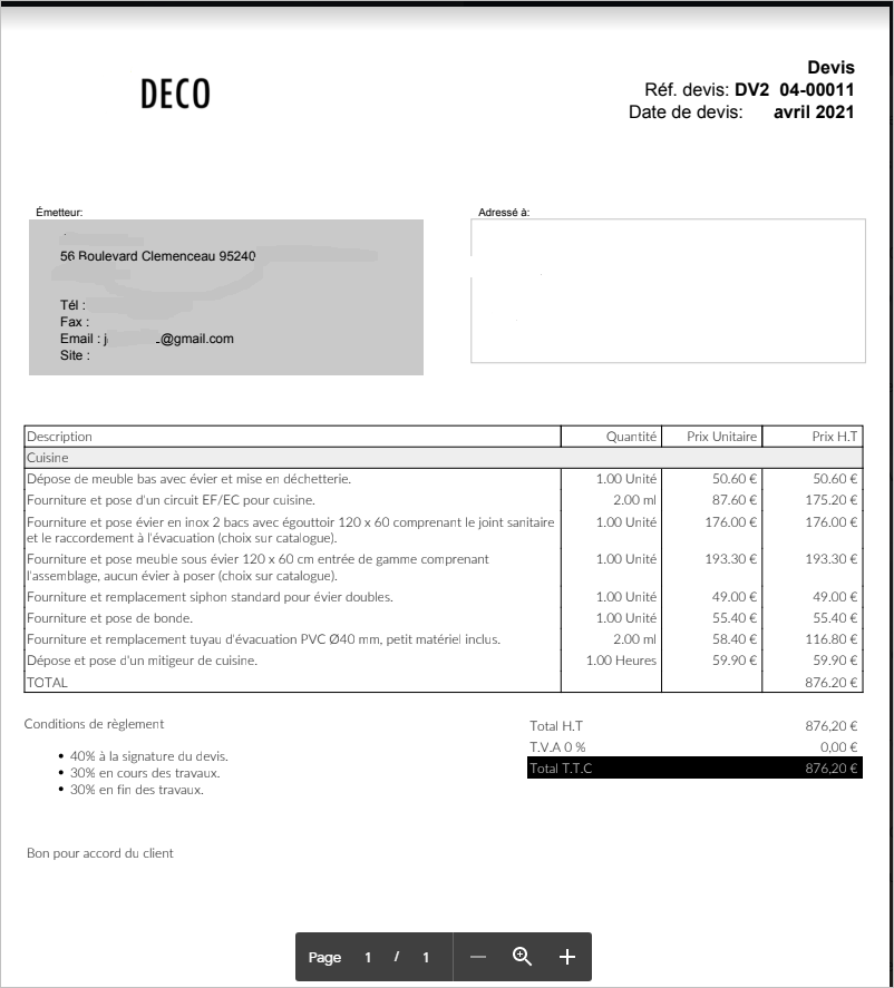 Exemple de devis travaux de plomberie avec Tactidevis