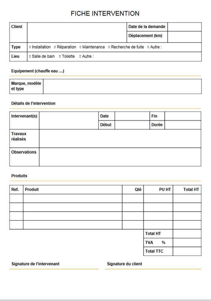 exemple fiche intervention plomberie