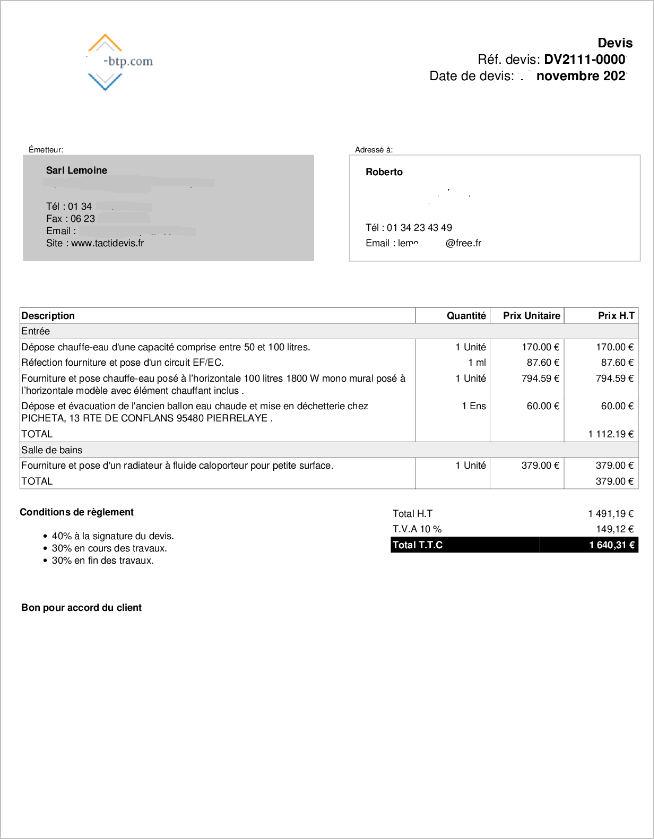 Exemple de devis chauffe-eau